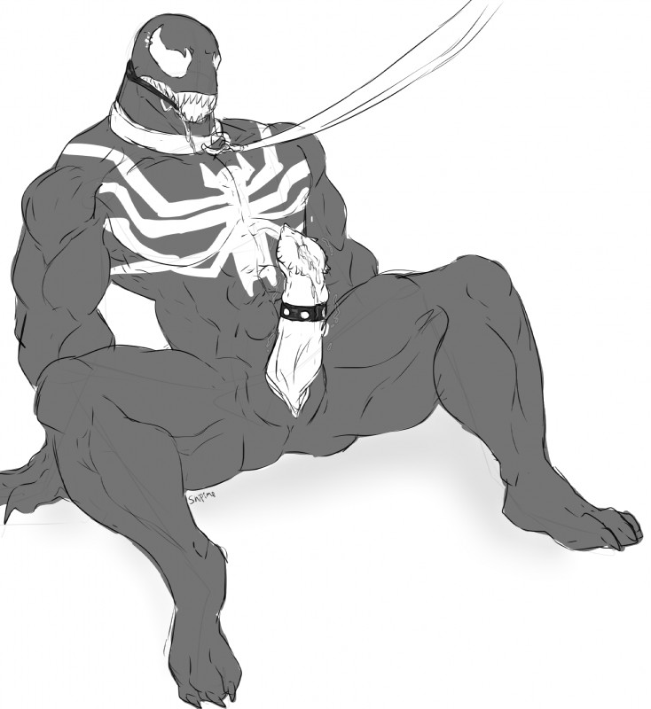 animal_genitalia ball_gag bodily_fluids claws collar erection fangs gag genital_fluids genital_slit genitals leash male not_furry orgasm penis precum solo teeth unusual_anatomy unusual_genitalia unusual_penis saberhorn marvel klyntar venom_(marvel) symbiote hi_res monochrome