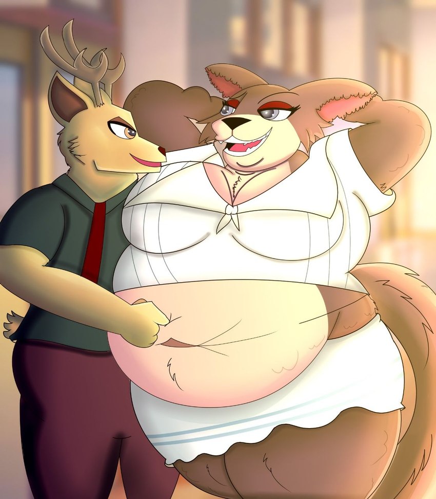 anthro antlers belly big_belly big_breasts blush breasts brown_body brown_fur classroom clothed clothing duo female fur horn inside male male/female navel obese open_mouth overweight overweight_anthro overweight_female poking school simple_background smile tail thick_thighs itzimiau beastars juno_(beastars) louis_(beastars) canid canine canis cervine deer mammal red_deer wolf hi_res