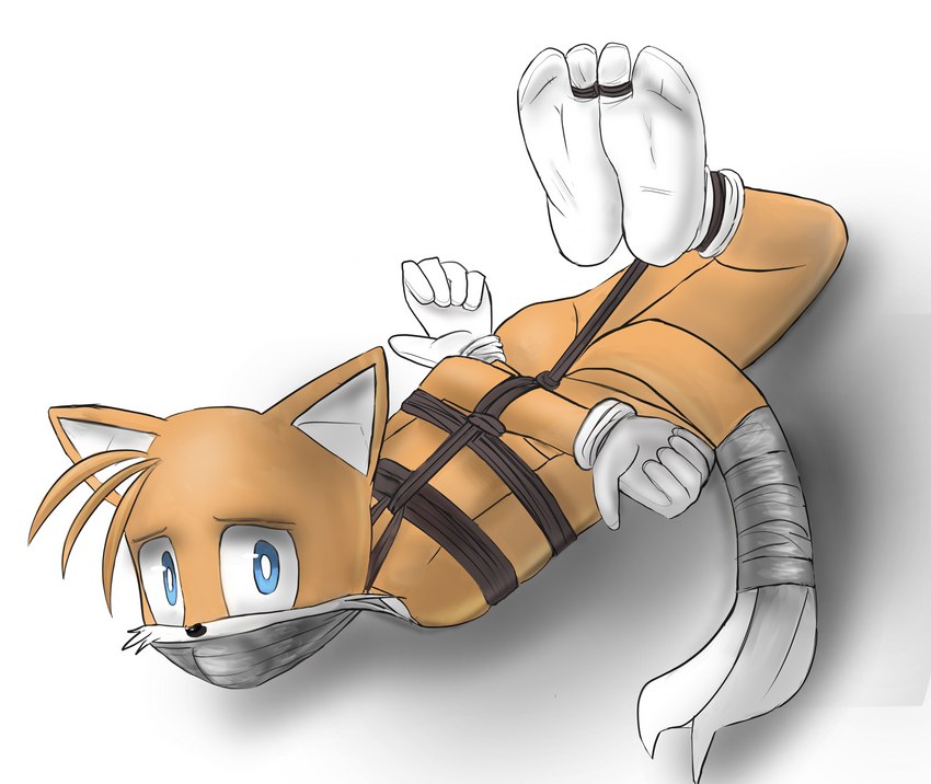 bdsm bondage bound clothing feet footwear gag hogtied male socks solo tape tape_gag toe_bondage himaridot sega sonic_the_hedgehog_(series) miles_prower canid canine fox mammal hi_res