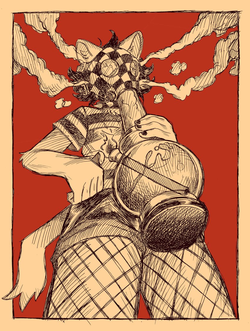 ambiguous_gender anthro biped bong bottomwear clothing collar drugs fishnet_clothing fishnet_leggings fishnet_legwear gas_mask holding_bong holding_lighter holding_object inner_ear_fluff leggings legwear lighter mask pattern_clothing pattern_shirt pattern_t-shirt pattern_topwear red_background shirt shorts simple_background smoke smoking smoking_bong solo spiked_collar spikes standing striped_clothing striped_shirt striped_t-shirt striped_topwear stripes t-shirt text topwear tuft bonnie_guerra canid mammal absurd_res english_text hi_res restricted_palette