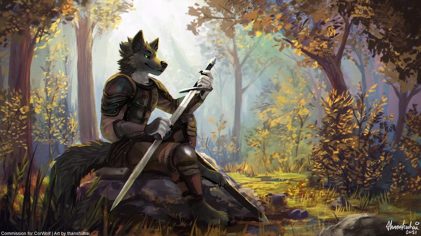 4_toes 5_fingers anthro armor black_body black_fur black_nose clothed clothing day detailed_background ears_up feet fingers forest fur grass green_eyes hair happy holding_melee_weapon holding_object holding_sword holding_weapon male melee_weapon nature one_eye_closed outside paws plant rock sitting smile solo sword tail_down teeth toes tree weapon white_body white_fur thanshuhai corwolf canid canine canis mammal wolf 16:9 2021 digital_media_(artwork) hi_res wallpaper widescreen