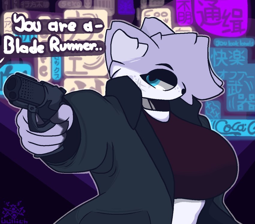 anthro big_breasts birthmark breasts city clothed clothing female fur future futuristic futuristic_armor futuristic_gun gun hair humor inner_ear_fluff markings parody ranged_weapon science_fiction serious_face simple_background solo text topwear tuft weapon white_body white_fur uulitch blade_runner blade_runner_2049 canid canine canis mammal wolf absurd_res chinese_text digital_media_(artwork) english_text hi_res japanese_text meme translated