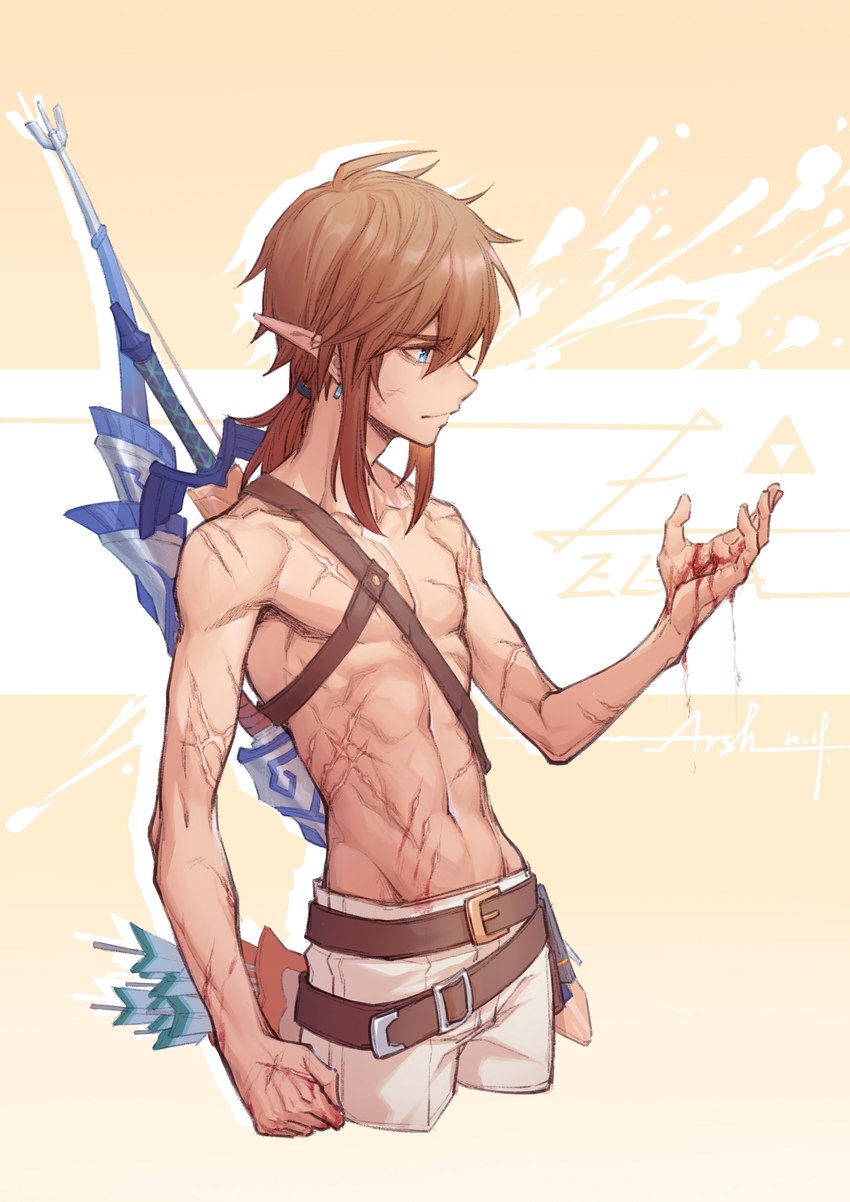 arm_scar arrow_(weapon) athletic athletic_male belt blood blue_eyes bodily_fluids bottomwear bow_(weapon) chest_scar clothed clothing hair humanoid_pointy_ears male not_furry pants pointy_ears ranged_weapon scar scars_all_over serratus slim solo topless topless_male triforce weapon wounded arsh nintendo the_legend_of_zelda link humanoid hylian 2018 absurd_res hi_res