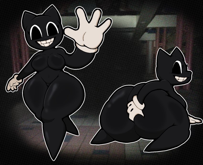 anthro big_butt black_body breasts butt clothing creepy dark_body female gloves hand_on_butt handwear huge_butt huge_thighs kneeling looking_at_viewer looking_back looking_back_at_viewer navel rear_view smile standing thick_thighs white_clothing white_gloves white_handwear lewdewott cartoon_cat_(trevor_henderson) domestic_cat felid feline felis mammal 2025 digital_drawing_(artwork) digital_media_(artwork) hi_res