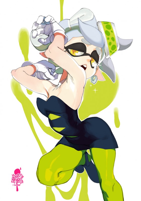 breasts cleavage clothed clothing ear_piercing female gloves handwear looking_at_viewer piercing pose pseudo_hair raised_leg simple_background solo tentacle_hair tentacles yellow_eyes brekkist nintendo splatoon marie_(splatoon) animal_humanoid cephalopod cephalopod_humanoid humanoid inkling marine marine_humanoid mollusk mollusk_humanoid 2017 digital_media_(artwork) hi_res