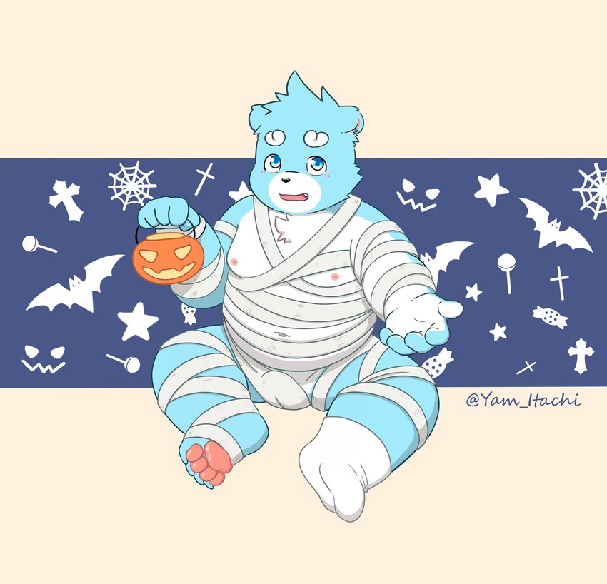 anthro blue_eyes holidays humanoid_hands male nipples overweight sitting solo white_body young young_anthro xxxyamayidaqi bonasiah full_attack halloween sophring_hao bear mammal 2021 hi_res