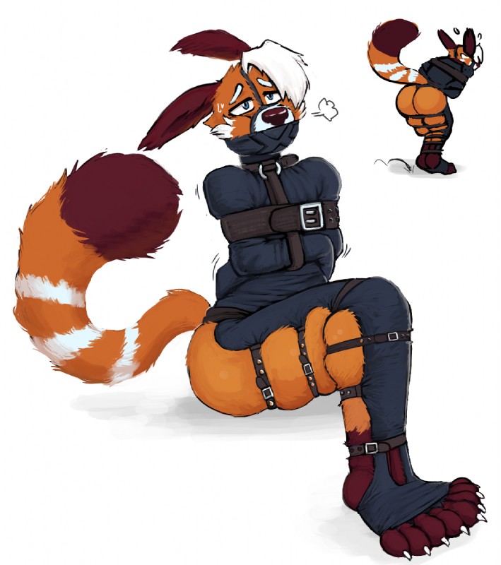 anthro bdsm big_butt blue_eyes bodily_fluids bondage bound brown_body brown_fur brown_nose butt claws dipstick_tail feet fur hair male markings multicolored_tail restraints simple_background solo straitjacket striped_markings striped_tail stripes sweat tail tail_markings thick_thighs toe_claws toes white_background white_hair hicanyoumooforme pan_(hicanyoumooforme) ailurid mammal red_panda 2018 digital_drawing_(artwork) digital_media_(artwork)