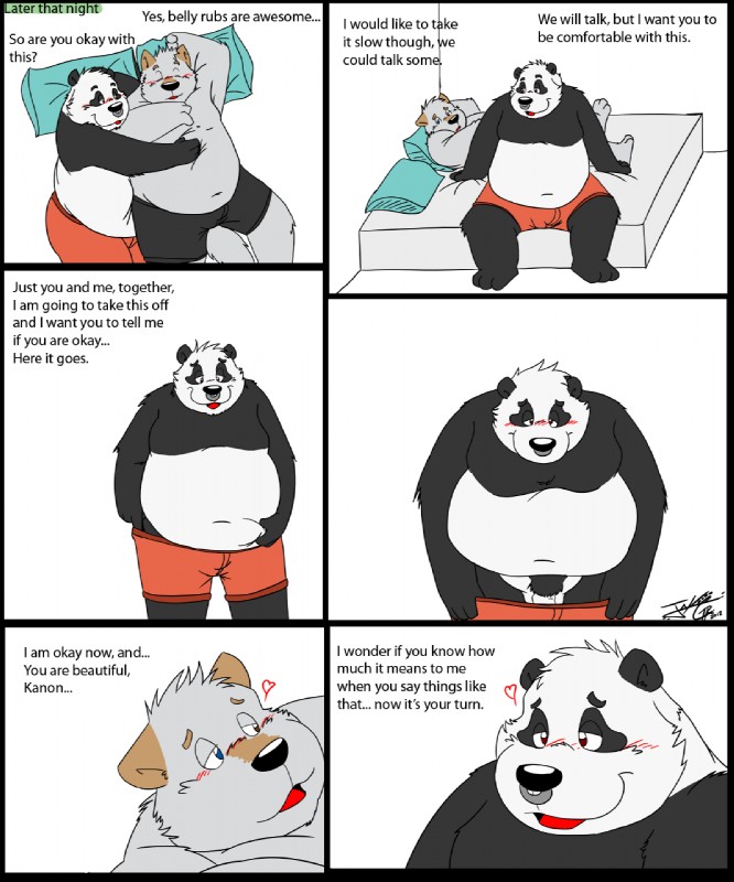 belly_rub blush clothed clothing cuddling dialogue duo heart_symbol heterochromia male male/male overweight romantic romantic_couple scritches slice_of_life text topless undressing jakegr bod kanon bear canid canine canis domestic_dog giant_panda mammal comic english_text hi_res