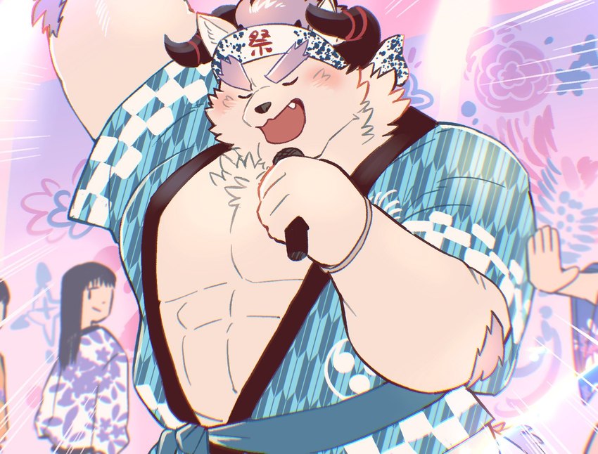 abs anthro blush electronics eyebrows fur hair happi_(clothing) horn male microphone muscular muscular_anthro muscular_male pecs purple_hair singing smile solo thick_eyebrows white_body white_fur sawch_cls lifewonders tokyo_afterschool_summoners behemoth_(tas) monster hi_res