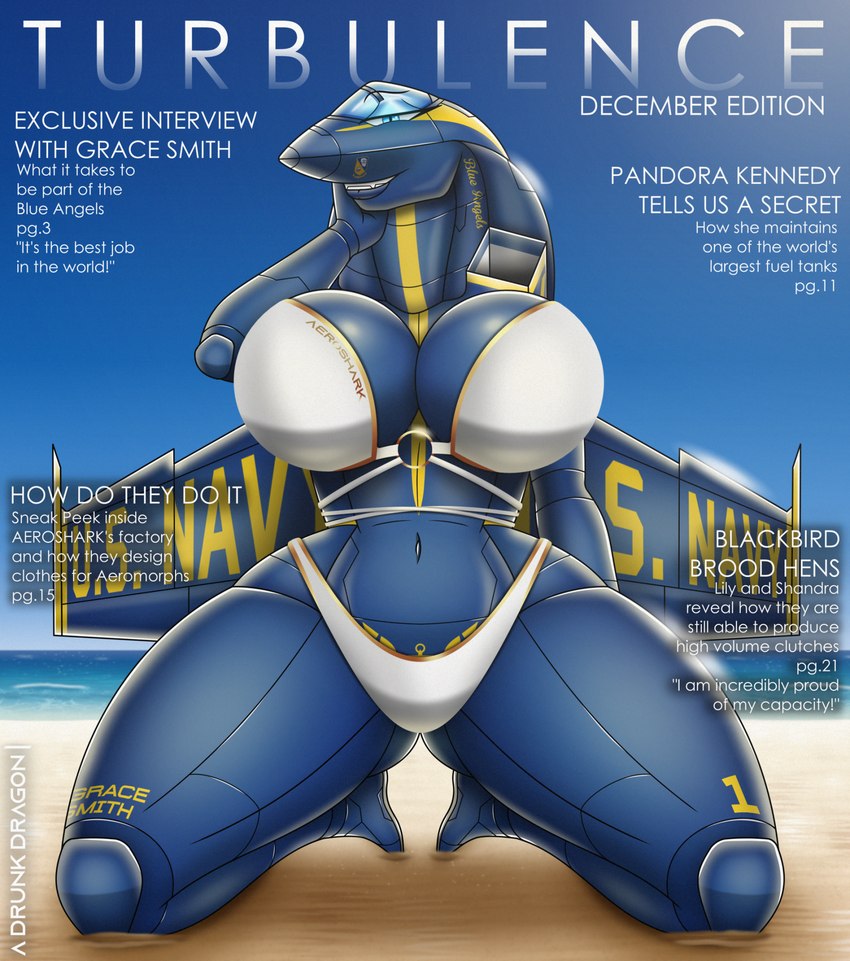 aircraft anthro beach big_breasts bikini blue_body blue_eyes blue_sky breasts clothing f/a-18 fangs female kneeling looking_at_viewer machine pupils sand sky slit_pupils smile solo swimwear teeth text thick_thighs two-piece_swimsuit vehicle white_bikini white_clothing white_swimwear a_drunk_dragon u.s._navy grace_smith_(adrunkdragon) aircraft_humanoid living_aircraft living_machine living_vehicle cover english_text hi_res magazine_cover