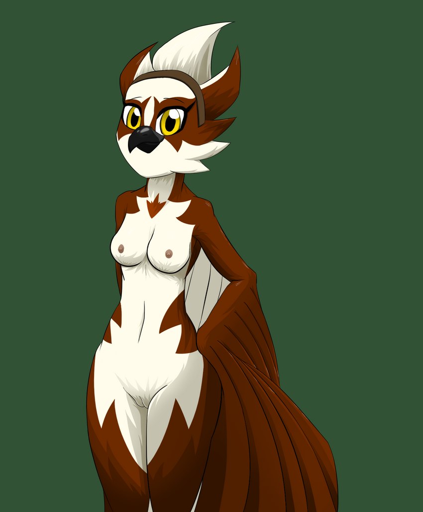 anthro breasts brown_body clothing feathered_arms female genitals green_background looking_at_viewer multicolored_body nipples pussy simple_background small_breasts solo two_tone_body white_body winged_arms wings yellow_eyes ghostth39 sega sonic_the_hedgehog_(series) fan_character lina_(ghostth39) accipitriform avian bird osprey 2021 hi_res