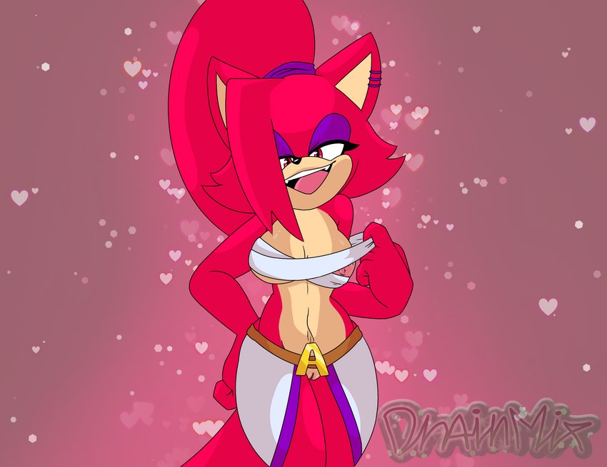 anthro big_breasts breasts clothed clothing ear_piercing female fur genitals hair long_hair looking_at_viewer nipples open_mouth piercing presenting pussy red_body red_eyes red_fur red_hair simple_background smile solo standing unknown_artist sega sonic_the_hedgehog_(series) asami_the_cat fan_character digital_drawing_(artwork) digital_media_(artwork) hi_res