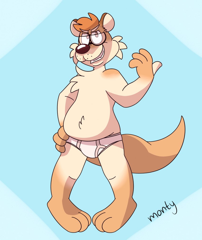 anthro barefoot black_nose blue_background briefs briefs_only brown_eyes clothed clothing detailed_background eyewear feet fur glasses hand_on_leg hand_on_thigh male open_mouth orange_body orange_fur simple_background smile solo tan_body tan_fur teeth_showing tighty_whities topless underwear underwear_only white_background white_briefs white_clothing white_underwear montypup mammal mustelid otter hi_res signature