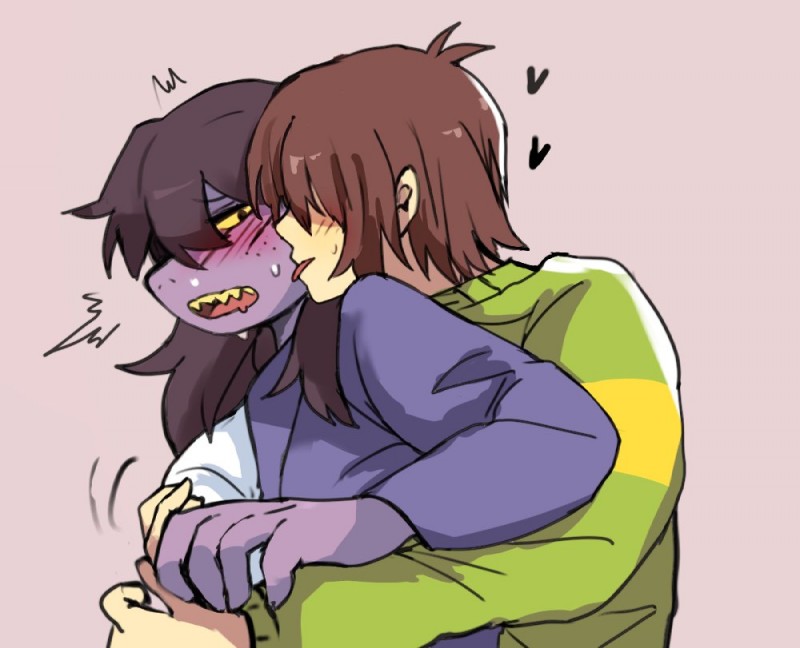 anthro blush clothed clothing duo female grabbing hair male simple_background tongue chokaso deltarune undertale_(series) kris_(deltarune) susie_(deltarune) human mammal reptile scalie 2019 digital_media_(artwork)