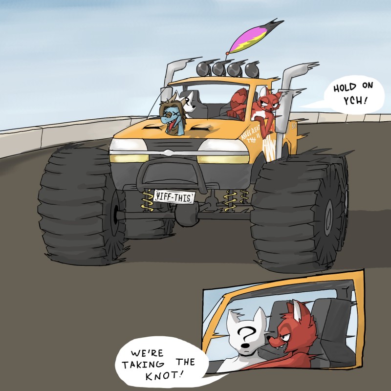 ambiguous_gender decapitation dialogue duo eye_markings fur humor male markings monster_truck question_mark red_body red_fur severed_body_part severed_head striped_markings striped_tail stripes tail tail_markings text truck vehicle unknown_artist 8chan nate_(8chan) ych_(8chan) mammal procyonid raccoon 1:1 comic english_text hi_res