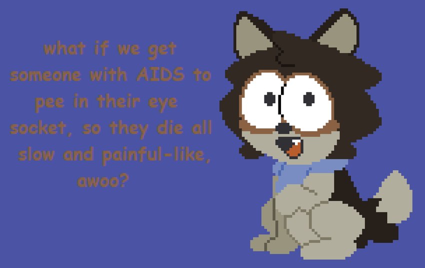 aids ambiguous_gender big_eyes black_nose blue_background blue_scarf brown_body brown_fur brown_hair cheek_tuft dark_body dark_fur dark_hair dipstick_tail eye_markings facial_tuft fangs feral fluffy fluffy_hair fluffy_tail fur grey_ears grey_tail_tip grey_underbelly hair markings on_model raising_paw red_tongue scarf scumbag simple_background solo tail tail_markings teeth text tongue toony tuft violence harleyfunnycat comedy_central south_park wolfy_the_wolf woodland_critters_(south_park) canid canine canis mammal wolf digital_media_(artwork) english_text lineless meme microsoft_paint_(artwork)