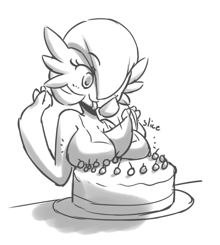 arms_above_head big_breasts breast_rest breasts cake cutting dessert female food hair not_furry onomatopoeia plate short_hair simple_background slicing smile solo sound_effects text tongue tongue_out white_background spikedmauler nintendo pokemon gardevoir generation_3_pokemon pokemon_(species) english_text monochrome sketch