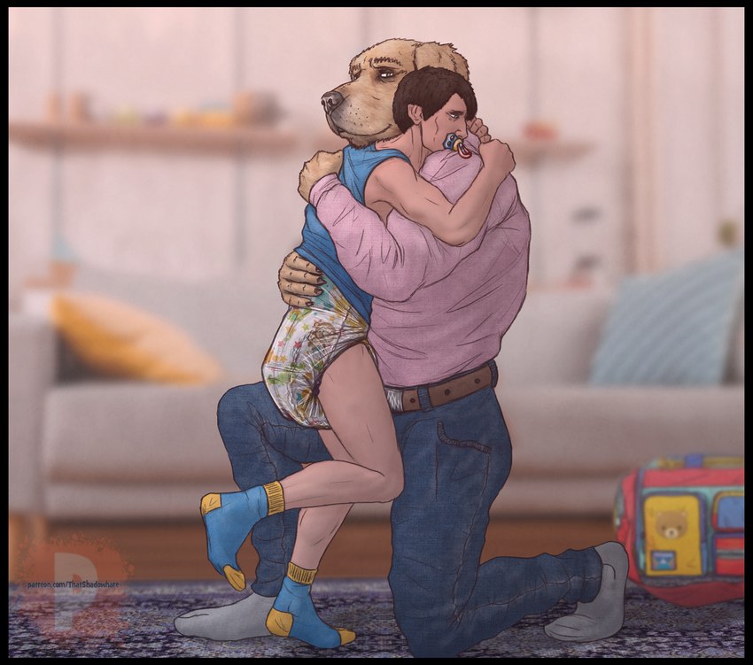 abdl ageplay anthro belt black_border blurred_background border bottomwear clean_diaper clothed clothing detailed_background diaper duo footwear fur furniture hug kneeling male object_in_mouth pacifier pacifier_in_mouth pants roleplay shirt socks sofa standing tan_body tan_fur topwear wearing_diaper shadowhare bird_dog canid canine canis domestic_dog human hunting_dog labrador mammal retriever 2023 hi_res