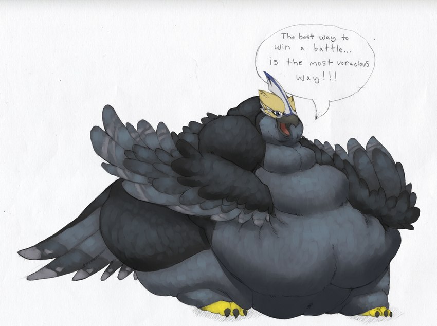 4_toes after_vore anisodactyl armor avian_feet beak belly belly_rolls big_belly big_cheeks biped bipedal_feral black_beak black_body black_claws black_feathers blue_eyes chubby_cheeks claws dialogue digitigrade fat_rolls fatal_vore feather_hands feathered_wings feathers feet female female_pred feral feral_pred forced grey_body grey_feathers hand_on_belly headgear holding_belly huge_belly huge_thighs hyper hyper_belly leg_rolls morbidly_obese morbidly_obese_female morbidly_obese_feral multicolored_body multicolored_feathers obese obese_female obese_feral open_beak open_mouth open_smile overweight overweight_female overweight_feral pink_tongue scutes smile solo speech_bubble standing tail tail_feathers talons text thick_thighs three-quarter_view toe_claws toes tongue two_tone_body two_tone_feathers unconvincing_armor vore weight_gain wings arkveveen_(artist) sarah_(krown) avian bird falcon falconid 2014 digital_media_(artwork) english_text shaded story story_in_description