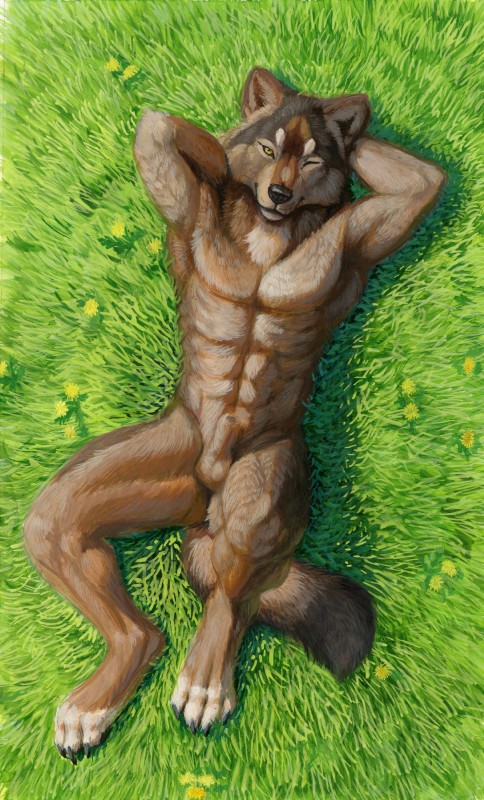 animal_genitalia anthro balls brown_balls brown_body brown_sheath detailed_fur fully_sheathed fur genitals grass looking_at_viewer male nude one_eye_closed plant sheath smile solo tail wink hibbary mythology lazywolf canid canine canis mammal mythological_canine mythological_creature werecanid werecanine werecreature werewolf wolf absurd_res detailed hi_res