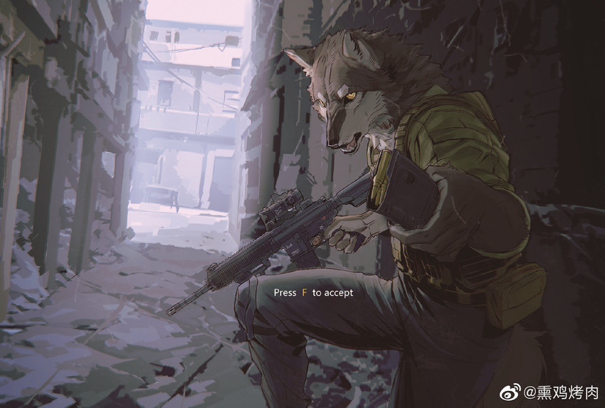 anthro ar_platform bullet city clothed clothing fur gameplay_mechanics grey_body grey_fur gun hk416 holding_gun holding_object holding_ranged_weapon holding_rifle holding_weapon looking_at_viewer magazine_(gun) male military multicolored_body ranged_weapon rifle soldier solo text two_tone_body urban warrior weapon white_body white_fur yellow_eyes yoshi.kaoru canid canine canis mammal wolf chinese_text english_text hi_res