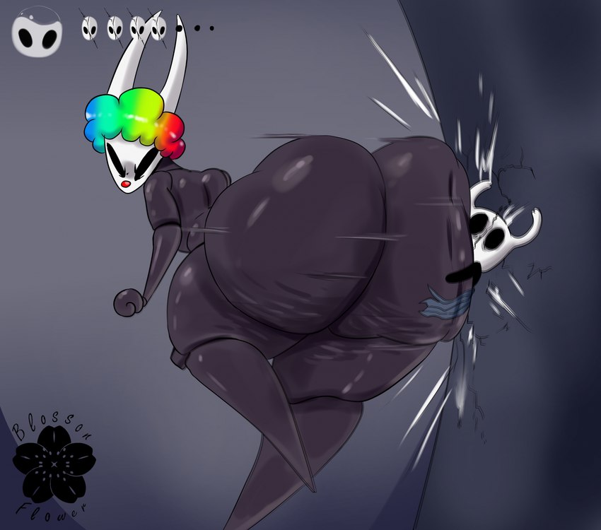 2_horns anthro big_butt black_body black_butt black_eyes black_hands black_legs black_skin black_text butt butt_crush cellulite cloak clothing clown_nose clown_wig cracked cracked_wall cracks crush duo featureless_feet featureless_hands feet female highlights_(coloring) horn huge_butt mask nude red_cloak red_clothing simple_background slapstick standing text thick_thighs blossonflower hollow_knight hollow_knight:_silksong team_cherry hornet_(hollow_knight) the_knight_(hollow_knight) arthropod vessel_(species) 2024 artist_name digital_media_(artwork) english_text hi_res nonbinary_(lore) sibling_(lore)