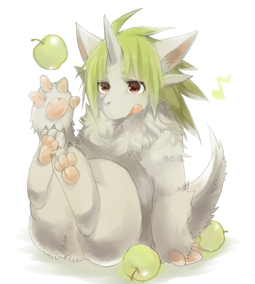 ambiguous_gender anthro apple fingerless_(marking) food fruit fur green_apple green_hair grey_body grey_fur hair hooved_fingertips kemono light_body light_fur musical_note musical_symbol open_mouth pawpads pink_pawpads plant playful simple_background sitting solo symbol tail white_background mofuaki mythology dragon furred_dragon furred_scalie mythological_creature mythological_scalie scalie 2012 digital_media_(artwork) full-length_portrait green_theme portrait restricted_palette