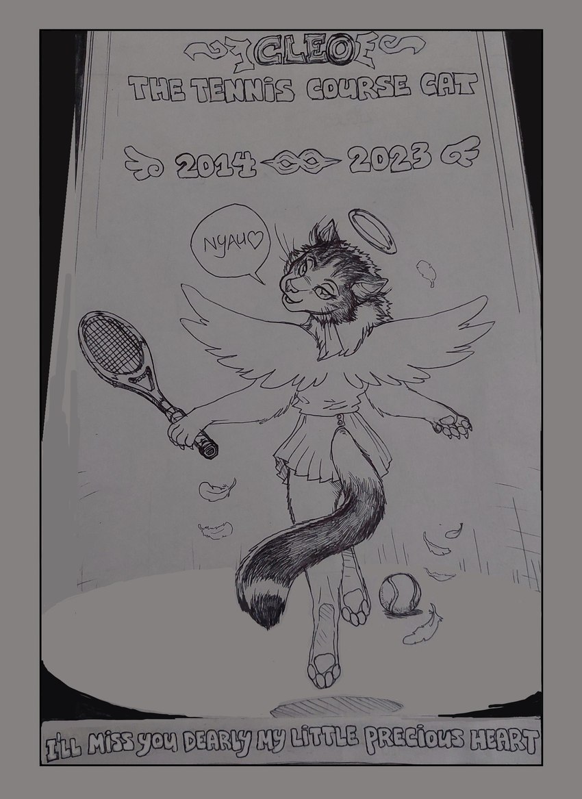 5_fingers anthro ball biped claws clothed clothing feathered_wings feathers female fingers fur halo holding_tennis_racket pawpads paws solo speech_bubble tail tennis_ball tennis_racket text whiskers wings mariano angel domestic_cat felid feline felis mammal english_text hi_res monochrome