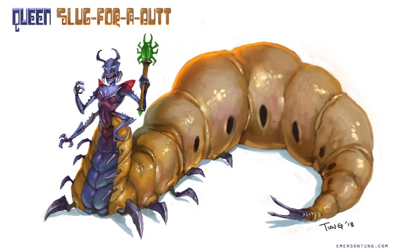 blue_body blue_skin breasts female larva non-mammal_breasts scepter solo text yellow_body yellow_skin emersontung earthworm_jim_(series) queen_slug-for-a-butt alien arthropod arthropod_taur grub_(insect) insect insect_taur taur 2013 url