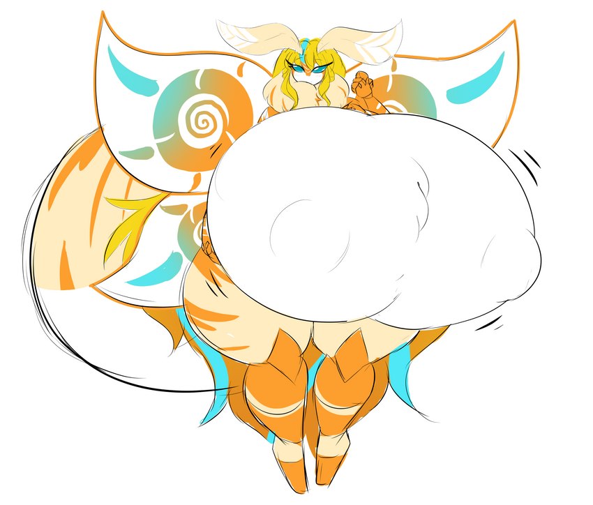 antennae_(anatomy) anthro arthropod_abdomen big_breasts big_butt blonde_hair blue_highlights breasts butt female fur hair highlights_(coloring) huge_breasts hyper hyper_breasts insect_wings lepidopteran_wings long_hair moth_antennae multi_arm multi_limb nipple_outline orange_body orange_fur orange_stripes solo stripes thick_thighs thigh_gap wings qzarloid sasha_sweets arthropod insect lepidopteran moth absurd_res hi_res