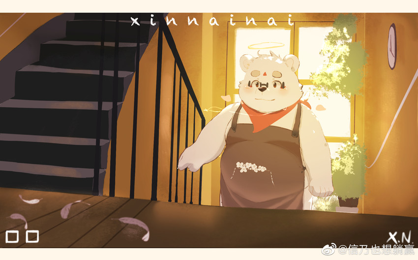 anthro apron blush clothing detailed_background eyewear glasses inside kemono male overweight overweight_anthro overweight_male solo stairs xinnai0485 xinnainai bear mammal polar_bear ursine 2021 hi_res watermark