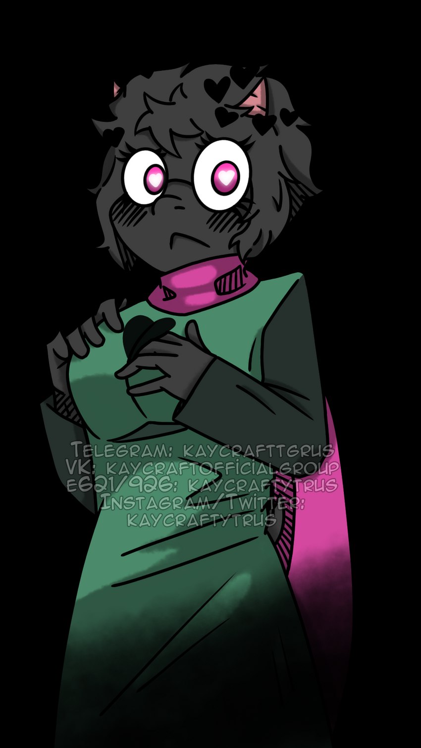 anthro black_body black_ears black_fur black_hands black_tail blush breasts clothing coat cosplay crossover_cosplay eyewear female fur glasses green_clothing green_coat green_topwear heart_eyes heart_symbol horn pink_eyes pink_horn pink_scarf scarf solo tail topwear kaycraftytrus deltarune helltaker undertale_(series) modeus_(helltaker) ralsei bovid caprine goat mammal 9:16 alpha_channel crossover hi_res