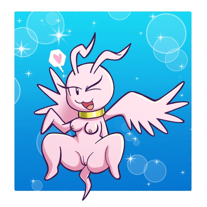 anthro breasts collar eyelashes female genitals heart_symbol looking_at_viewer nipples nude one_eye_closed open_mouth pink_body pussy smile solo spread_legs spreading tail wide_hips wings wink el_senor_erizo bandai_namco digimon digimon_(species) marineangemon hi_res