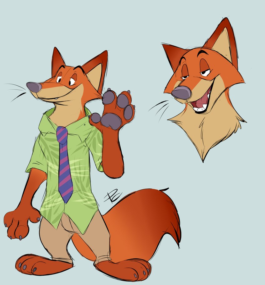 3_toes 4_fingers anthro blue_background clothed clothing dipstick_tail feet fingers fur half-closed_eyes male markings multicolored_tail narrowed_eyes necktie open_mouth open_smile orange_body orange_fur simple_background smile solo standing tail tail_markings toes toony pastelcore disney zootopia nick_wilde canid canine fox mammal red_fox true_fox 2018 hi_res signature