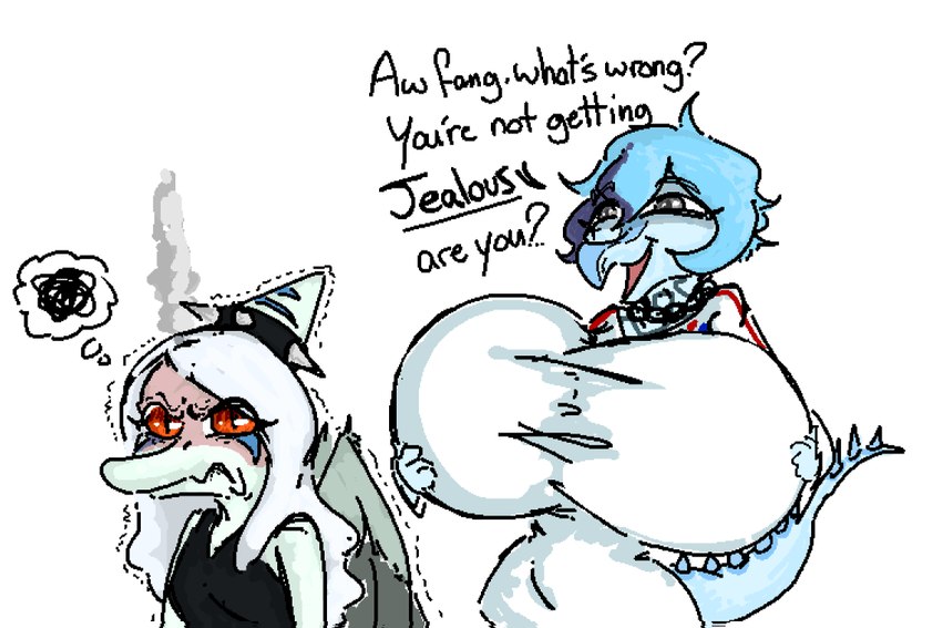 angry anthro back_wings big_breasts blue_body blue_hair breast_envy breasts clothed clothing comparing crossgender duo female fuming grey_hair hair huge_breasts hyper hyper_breasts jealous long_hair mtf_crossgender open_mouth pupils shaking simple_background slit_pupils text trembling white_background wings faustanon goodbye_volcano_high fang_(gvh) nick_(gvh) prehistoric_species pterodactylus pterosaur reptile scalie english_text