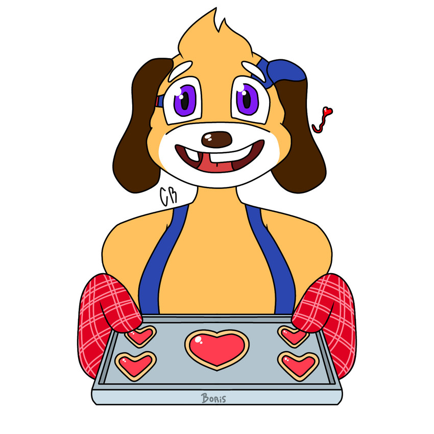 anthro clothing cookie farmer food handwear heart_symbol long_ears male markings oven_mitts overalls plushie purple_eyes smile solo cyberrodrigo boris_(cyberrodrigo) beagle canid canine canis domestic_dog hunting_dog mammal scent_hound 1:1 hi_res