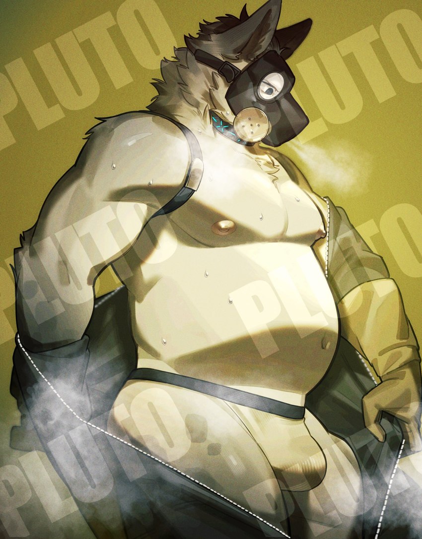 anthro areola belly bulge clothing collar fur gas_mask grey_body grey_fur hair jockstrap male mask navel nipples overweight overweight_anthro overweight_male solo tail underwear pu94_d1de4c arknights hypergryph studio_montagne spot_(arknights) hyena mammal spotted_hyena 2024 distracting_watermark hi_res watermark