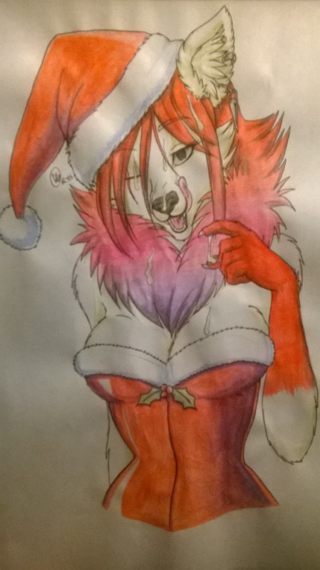 anthro bodily_fluids bukkake claws clothing corset cum female fur_trim_(clothing) genital_fluids gradient holidays holly_(plant) lingerie piercing plant solo topwear mysfortune christmas canid canine mammal maned_wolf absurd_res half-length_portrait hi_res portrait traditional_media_(artwork)