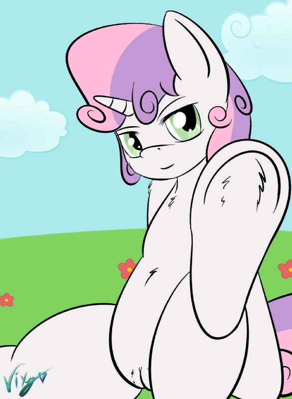 female feral fur genitals green_eyes hair horn multicolored_hair pussy solo spread_legs spreading two_tone_hair white_body white_fur young young_feral vixy_(artist) friendship_is_magic hasbro my_little_pony mythology sweetie_belle_(mlp) equid equine mammal mythological_creature mythological_equine unicorn 2013 hi_res