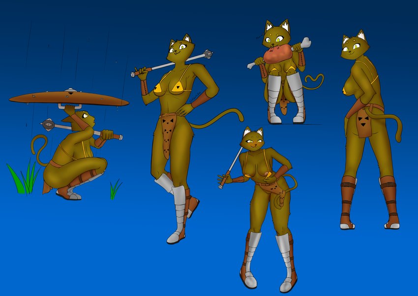 anthro armor bone boots bottomwear bra bracers brown_body brown_fur clothing female food footwear fur gradient_background grass green_eyes loincloth looking_at_viewer mace meat melee_weapon plant pulling_bra raining shield shoes simple_background smile solo teasing toothpick underwear weapon yellow_bra yellow_clothing yellow_underwear catsockjus jaline domestic_cat felid feline felis mammal absurd_res hi_res