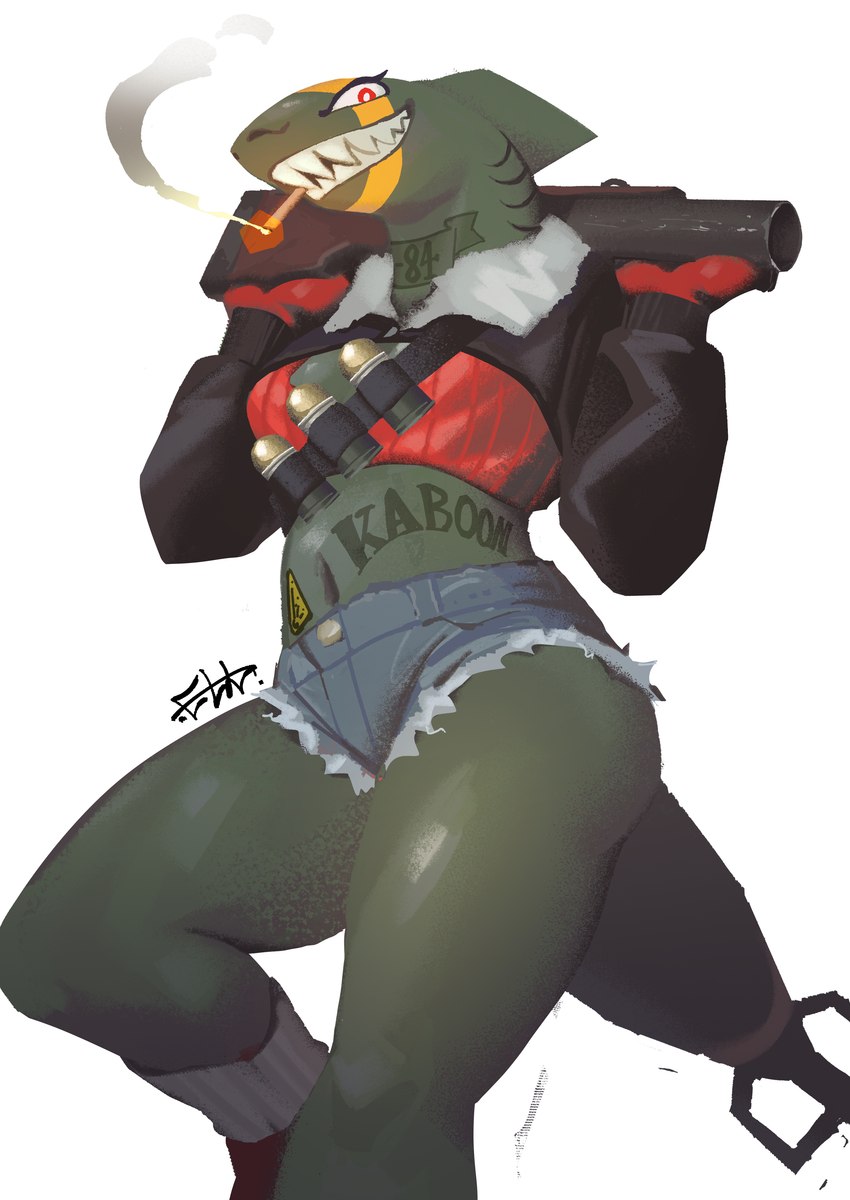 anthro biped bomb bottomwear breasts cigarette cigarette_in_mouth clothed clothed_anthro clothed_female clothing explosives female footwear front_view fully_clothed fully_clothed_anthro fully_clothed_female gills green_body green_skin gun holding_gun holding_object holding_ranged_weapon holding_weapon low-angle_view navel non-mammal_breasts object_in_mouth pants ranged_weapon red_eyes simple_background smile solo teeth topwear weapon white_background el-k animate_inanimate fish marine shark 2025 absurd_res digital_media_(artwork) hi_res