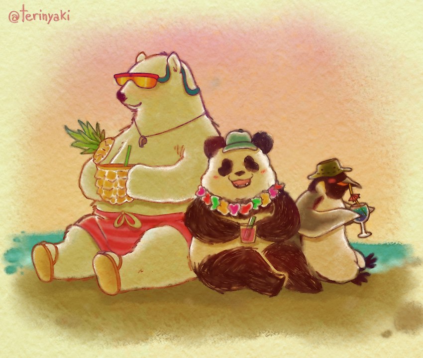 anthro beach belly blush clothing eyewear fur group hat headgear headwear male overweight overweight_male seaside sitting sunglasses swimwear white_body white_fur terinyaki shirokuma_cafe panda-kun shirokuma avian bear bird giant_panda mammal penguin polar_bear ursine 2019 hi_res