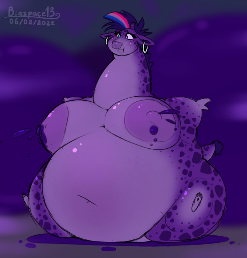 anthro belly belly_expansion berry_juice big_belly big_breasts bisexual_pride_colors blueberry_inflation blueberry_juice bodily_fluids body_inflation breast_expansion breasts ear_piercing ear_ring expansion female fur hair highlights_(coloring) hoop_ear_ring hooves horn huge_breasts inflation juice_(beverage) lactating lactating_juice leaking_juice lgbt_pride markings navel nipples nude ossicone piercing pride_colors projectile_lactation purple_body purple_fur purple_hair ring_piercing sitting solo spots spotted_body spotted_fur unusual_bodily_fluids unusual_lactation wide_hips worried biaspace13 giraffe giraffid mammal hi_res