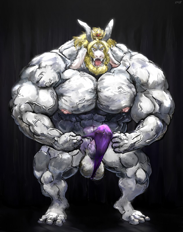 abs anthro balls beard biceps big_balls big_muscles big_penis biped blonde_hair clothing crown facial_hair fangs flexing fur genitals hair headgear horn huge_muscles hyper hyper_muscles long_ears male mature_anthro mature_male muscular muscular_anthro muscular_male open_mouth pecs penis solo speedo swimwear teeth vein white_body white_fur aokamidu undertale undertale_(series) asgore_dreemurr boss_monster_(undertale) bovid caprine mammal 2018 hi_res