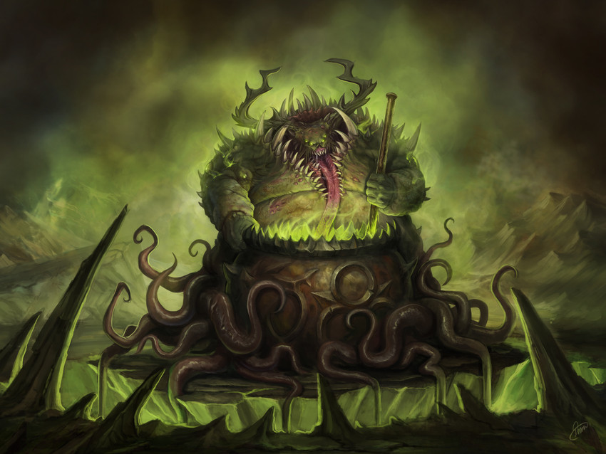 bodily_fluids cauldron detailed_background green_body green_eyes horn multi_eye saliva sharp_teeth solo teeth tongue tongue_out klaher_baklaher warhammer_(franchise) nurgle chaos_daemon deity demon 4:3 hi_res