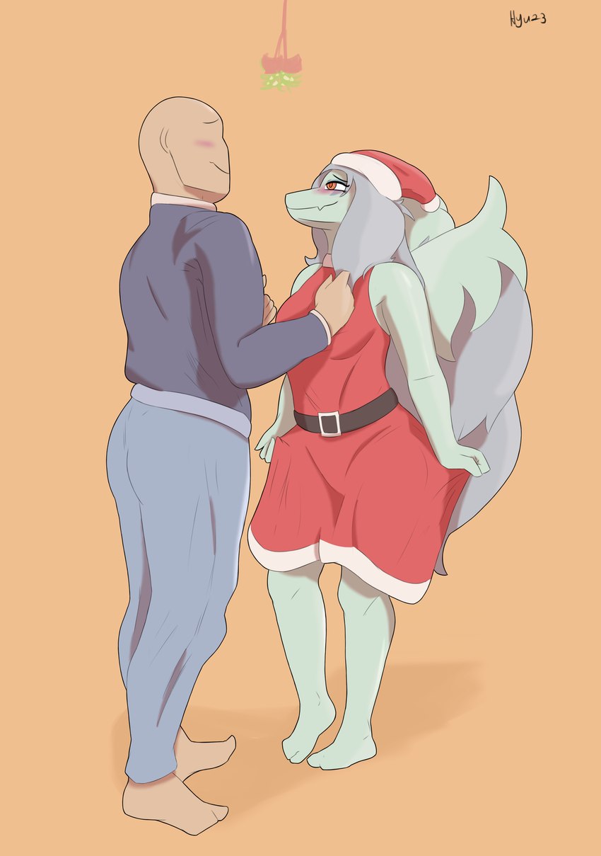 amber_eyes anthro bald barefoot blue_body blue_scales blush breasts christmas_clothing christmas_headwear clothing detailed_background dress duo eye_contact faceless_character faceless_human faceless_male feathered_wings feathers feet female female_anthro female_on_human fur_trim_(clothing) grey_body grey_feathers grey_hair hair hat headgear headwear holidays human_on_anthro humanoid_feet interspecies long_hair looking_at_another male male/female male_on_anthro mistletoe plant plantigrade santa_hat scales smile snout waist_belt wings hyuvevo cavemanon_studios christmas goodbye_volcano_high snoot_game anon_(snoot_game) fang_(gvh) human mammal prehistoric_species pterodactylus pterosaur reptile scalie 2023 absurd_res hi_res