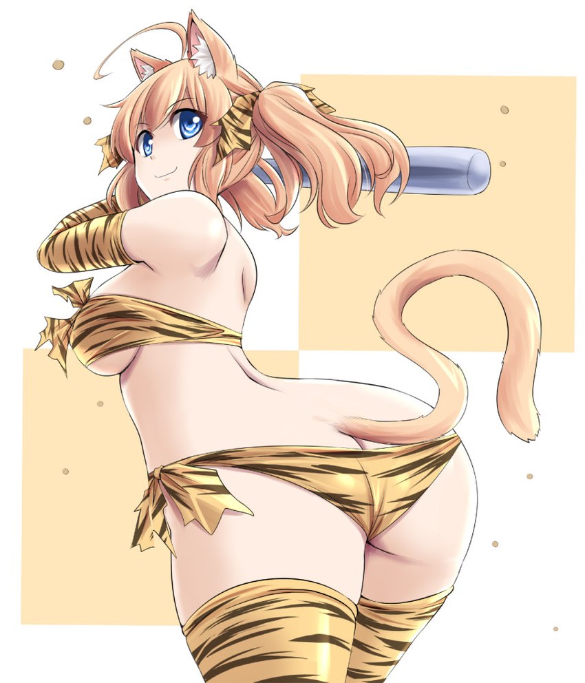 ahoge animal_print armwear bandeau baseball_bat bat_(object) bikini blonde_hair blue_eyes breasts butt clothing female hair legwear pigtails solo swimwear thigh_highs tiger_print topwear two-piece_swimsuit tonpuu animal_humanoid cat_humanoid felid felid_humanoid feline feline_humanoid humanoid mammal mammal_humanoid 2021