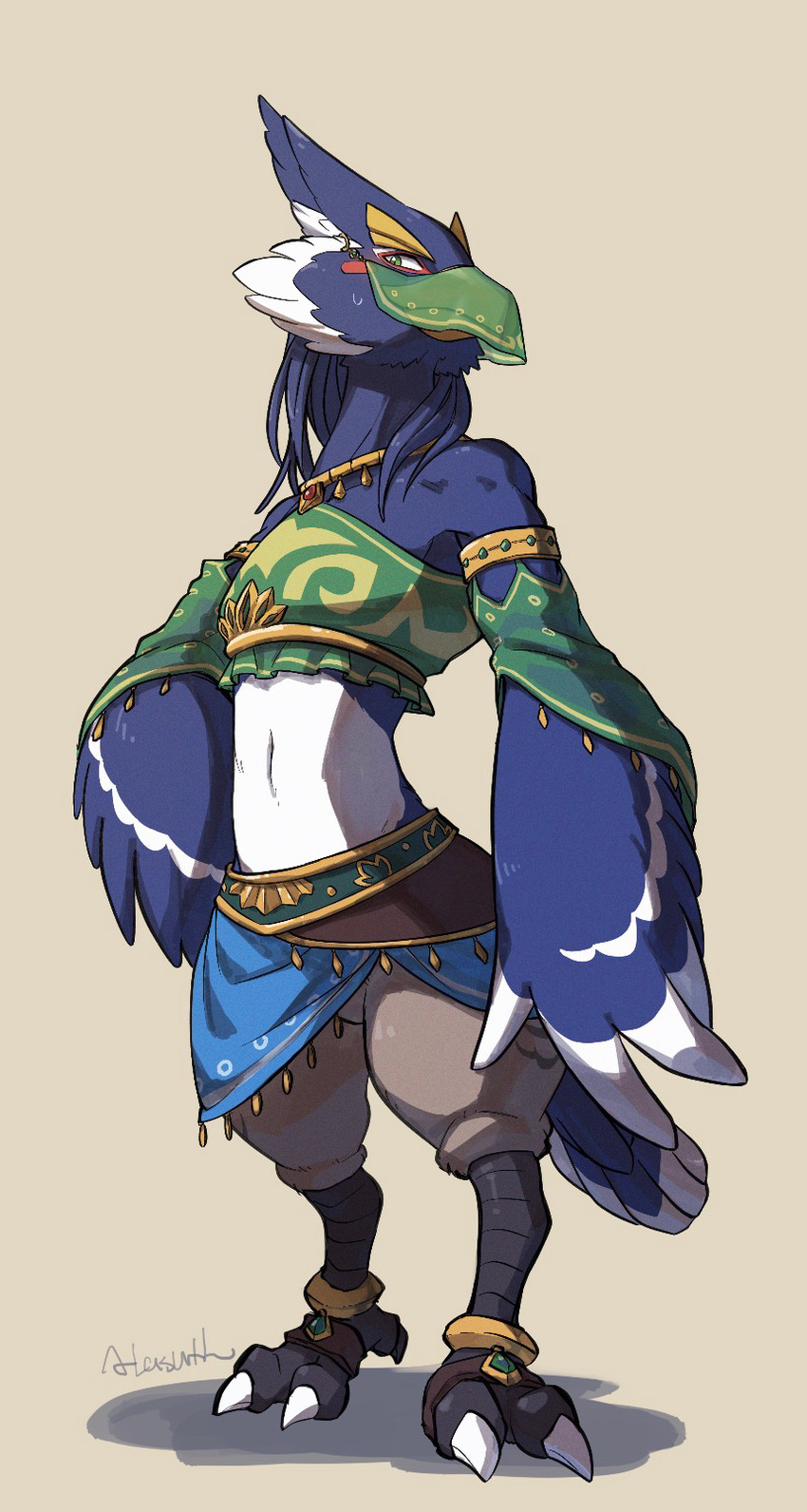 anthro blue_body blue_feathers clothed clothing crossdressing dancer_outfit feathers male solo veil lan_rizardon breath_of_the_wild nintendo the_legend_of_zelda revali avian bird rito 2020 digital_media_(artwork) hi_res