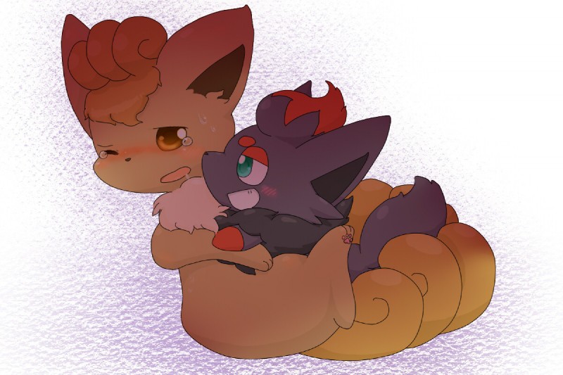 ambiguous_gender blush bodily_fluids chibi duo feral multi_tail simple_background tail tears white_background syationthecop nintendo pokemon canid canine generation_1_pokemon generation_5_pokemon mammal pokemon_(species) vulpix zorua 3:2