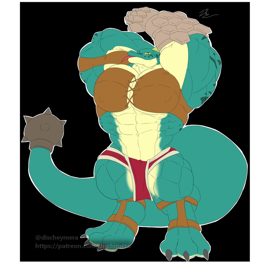 abs anthro biceps big_feet border clothing feet flexing grin large_pecs looking_at_viewer male muscular muscular_arms muscular_legs muscular_male navel pecs pose smile solo tail thick_tail thick_thighs tight_armor tight_clothing tongue tongue_out triceps white_border conditional_dnp dischimera nintendo skyward_sword the_legend_of_zelda lizalfos lizard reptile scalie hi_res